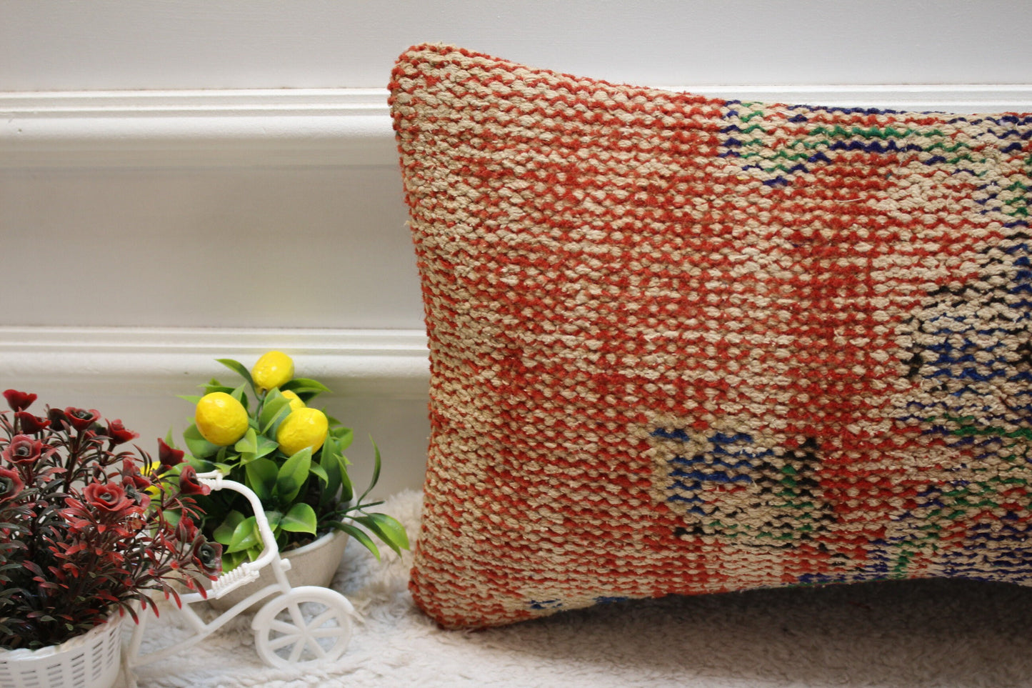 Red Vintage Turkish Rug Lumbar Pillow Cover: 12x24 inc Handmade Kilim Pillow
