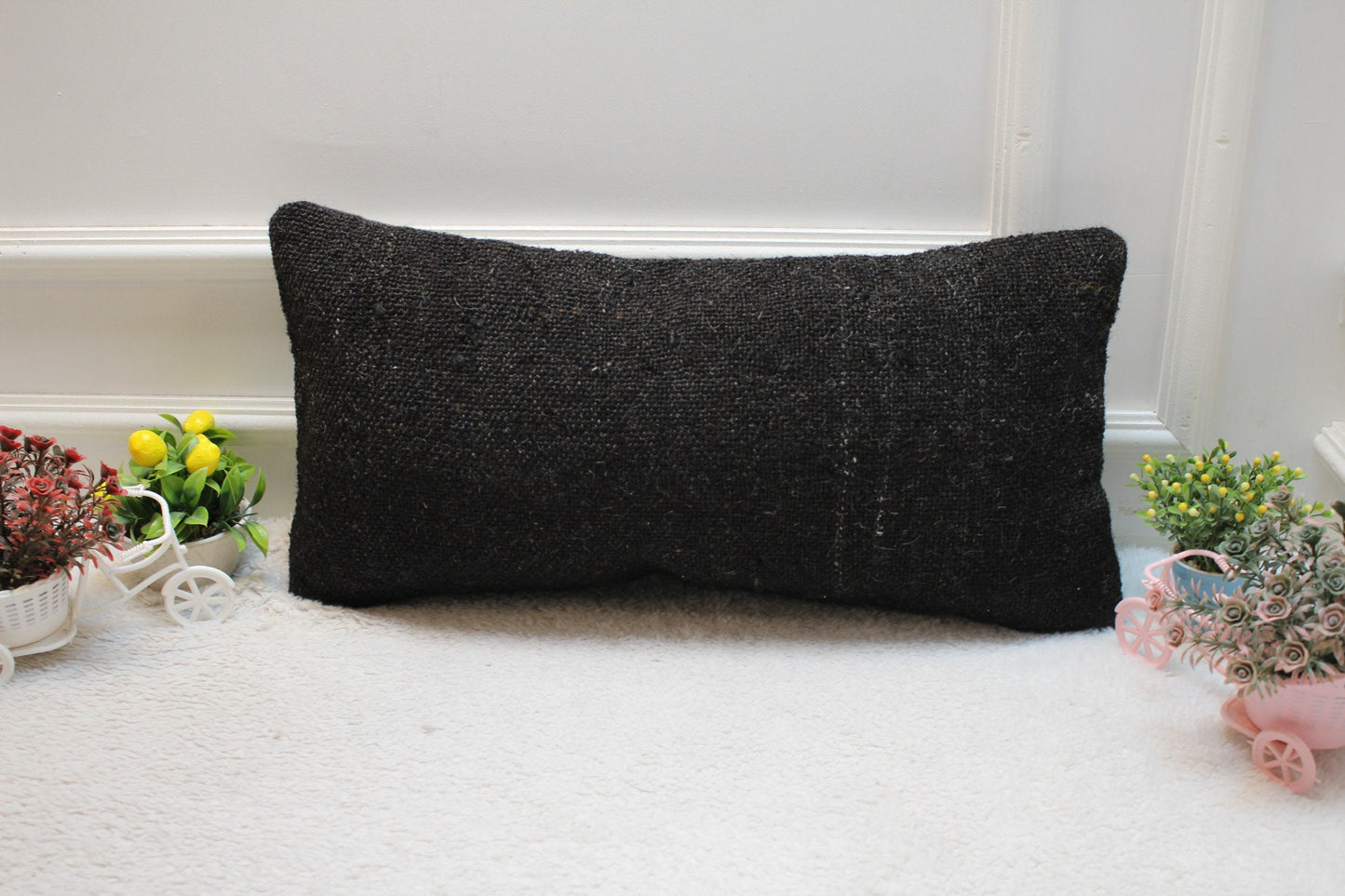 Black Kilim Pillow Cover 12x24: Vintage Handmade Wool Lumbar Pillow