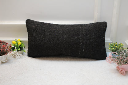 Black Kilim Pillow Cover 12x24: Vintage Handmade Wool Lumbar Pillow