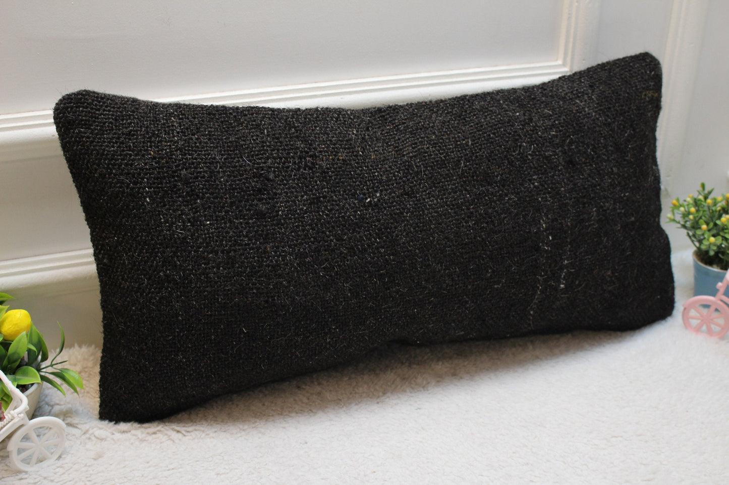 Black Kilim Pillow Cover 12x24: Vintage Handmade Wool Lumbar Pillow