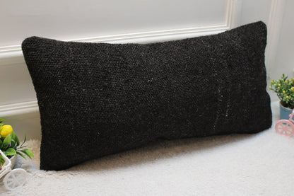 Black Kilim Pillow Cover 12x24: Vintage Handmade Wool Lumbar Pillow