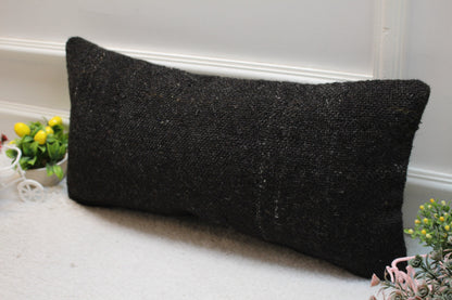 Black Kilim Pillow Cover 12x24: Vintage Handmade Wool Lumbar Pillow