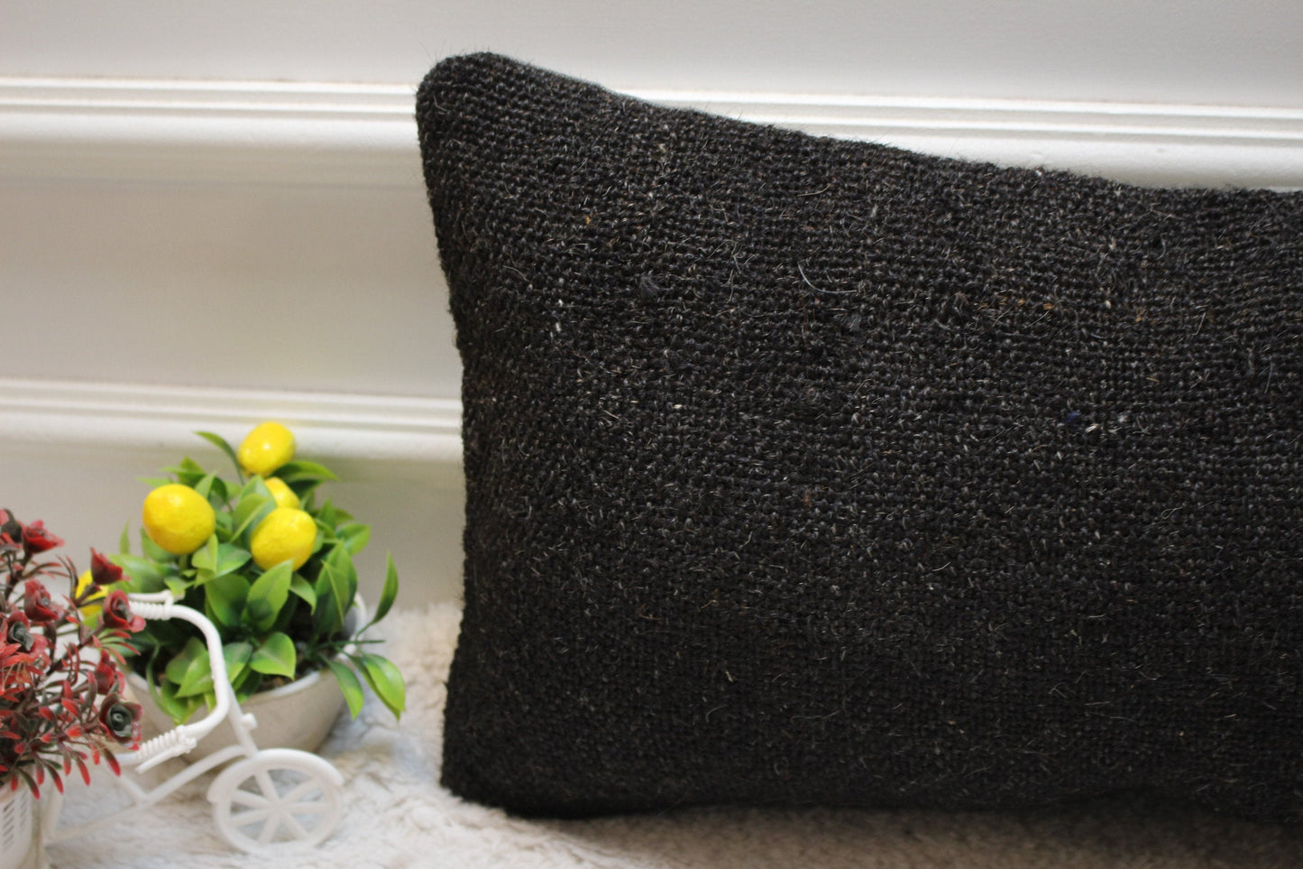 Black Kilim Pillow Cover 12x24: Vintage Handmade Wool Lumbar Pillow