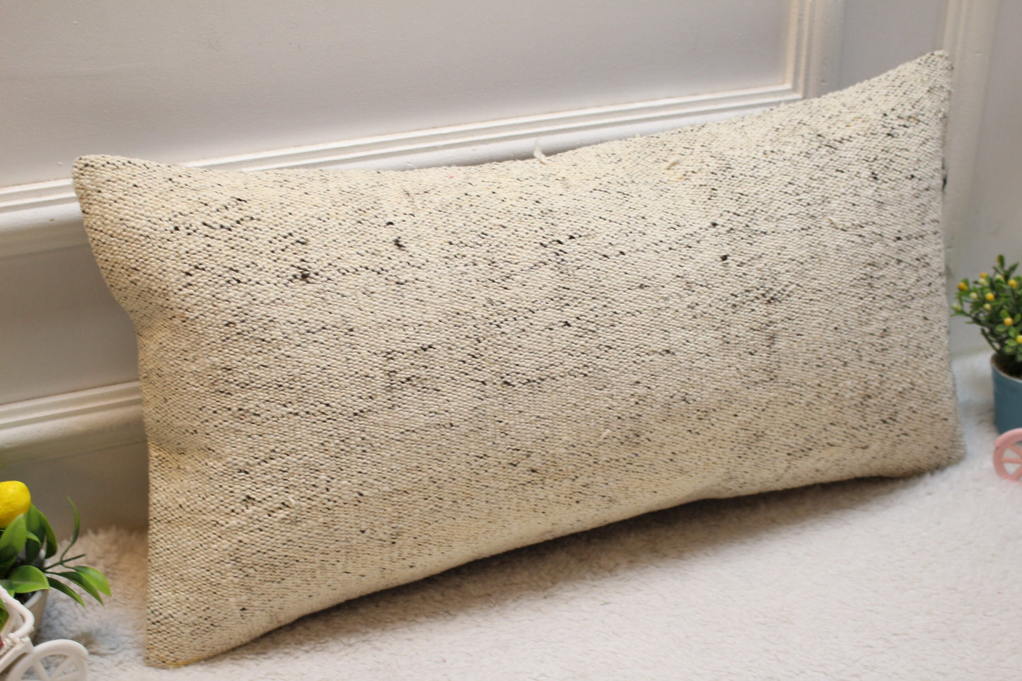 White Kilim Pillow Cover: 12x24 inch Handmade Woven Wool Lumbar
