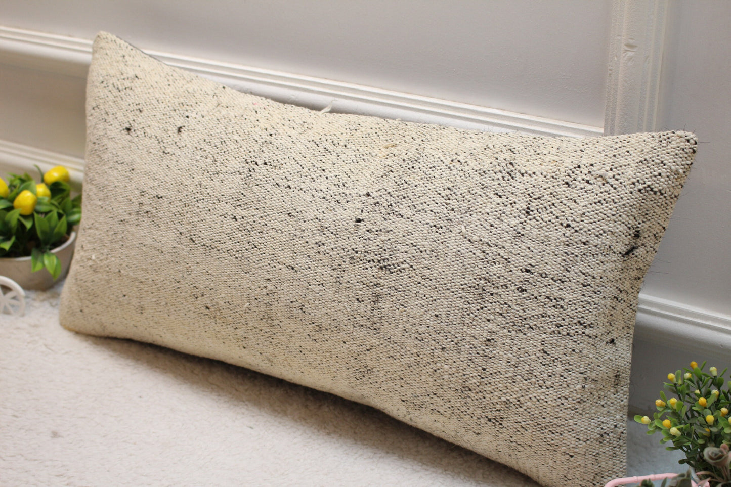 White Kilim Pillow Cover: 12x24 inch Handmade Woven Wool Lumbar