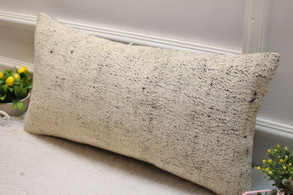 White Kilim Pillow Cover: 12x24 inch Handmade Woven Wool Lumbar