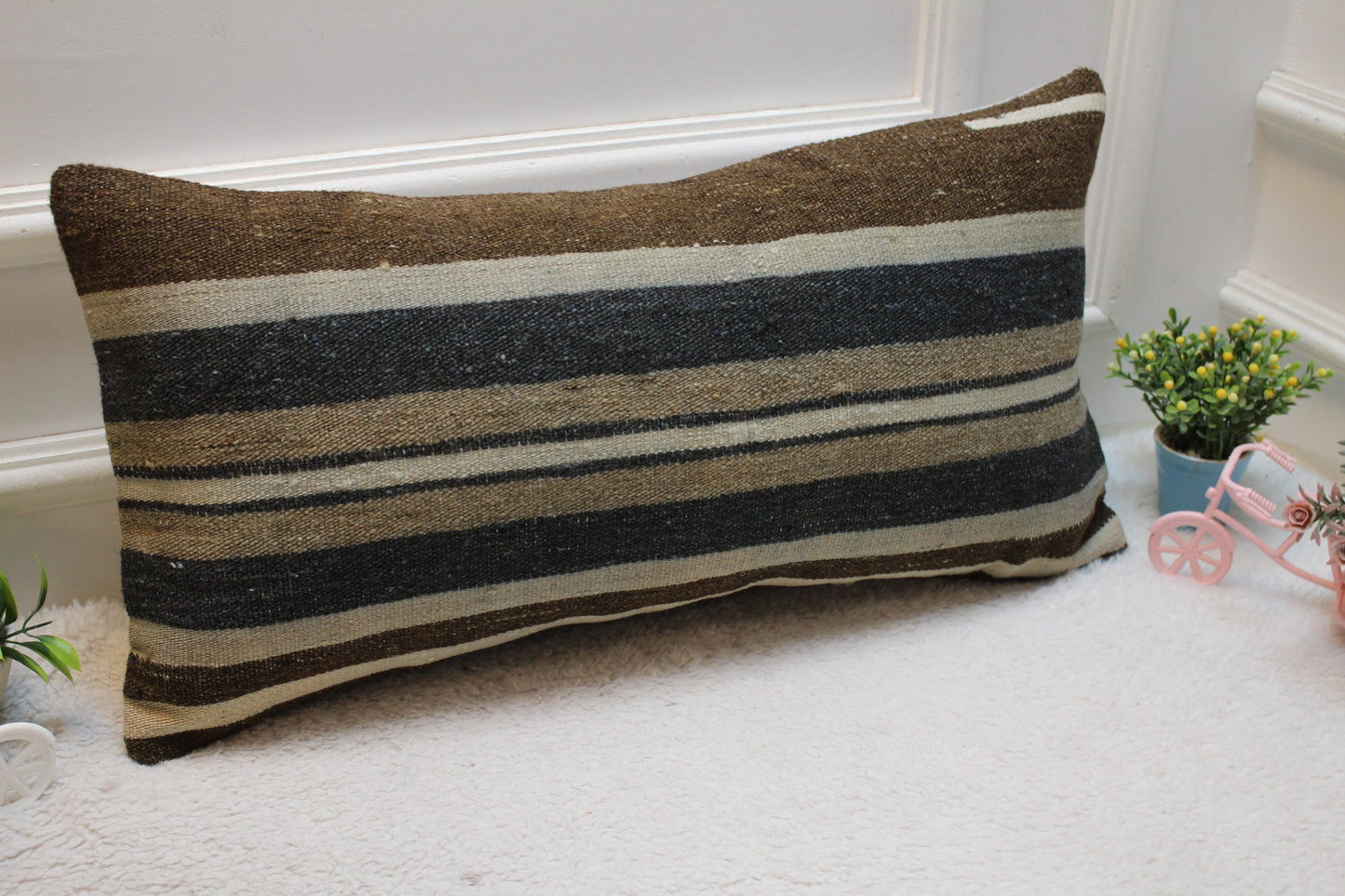 Striped Kilim Lumbar Pillow Cover: 12x24 inch, Upcycled Wool