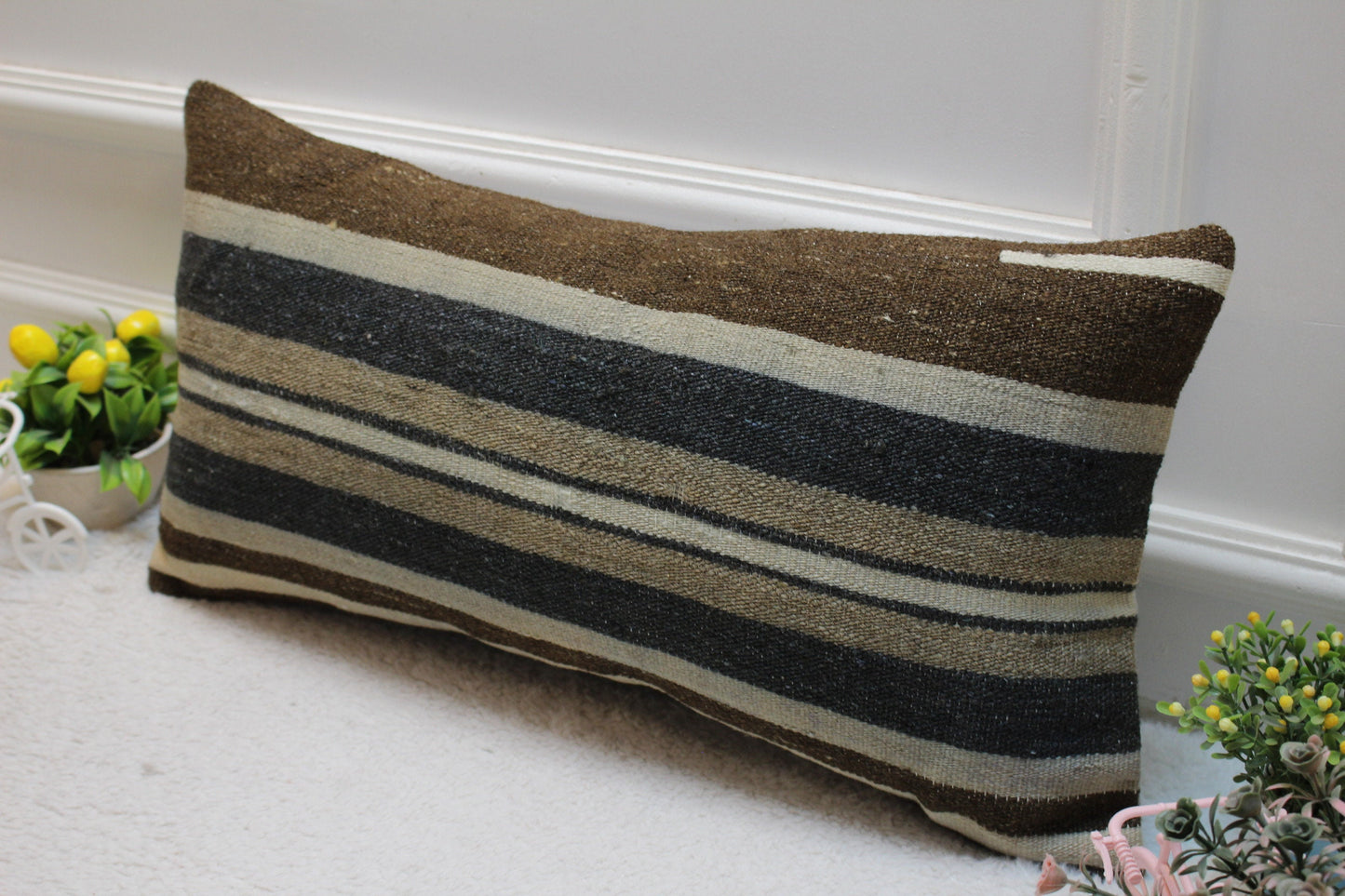 Striped Kilim Lumbar Pillow Cover: 12x24 inch, Upcycled Wool