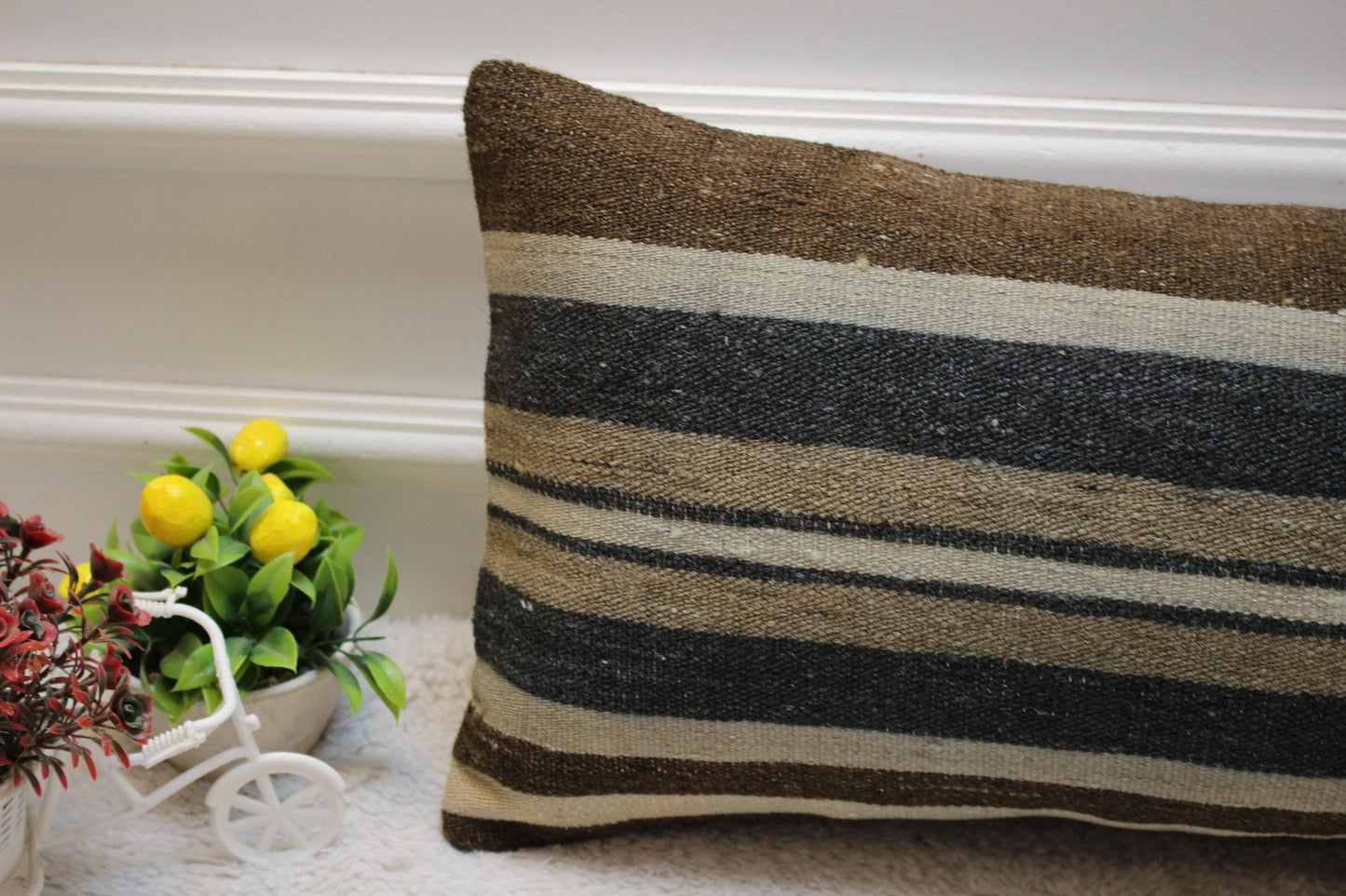 Striped Kilim Lumbar Pillow Cover: 12x24 inch, Upcycled Wool