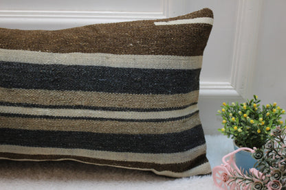 Striped Kilim Lumbar Pillow Cover: 12x24 inch, Upcycled Wool