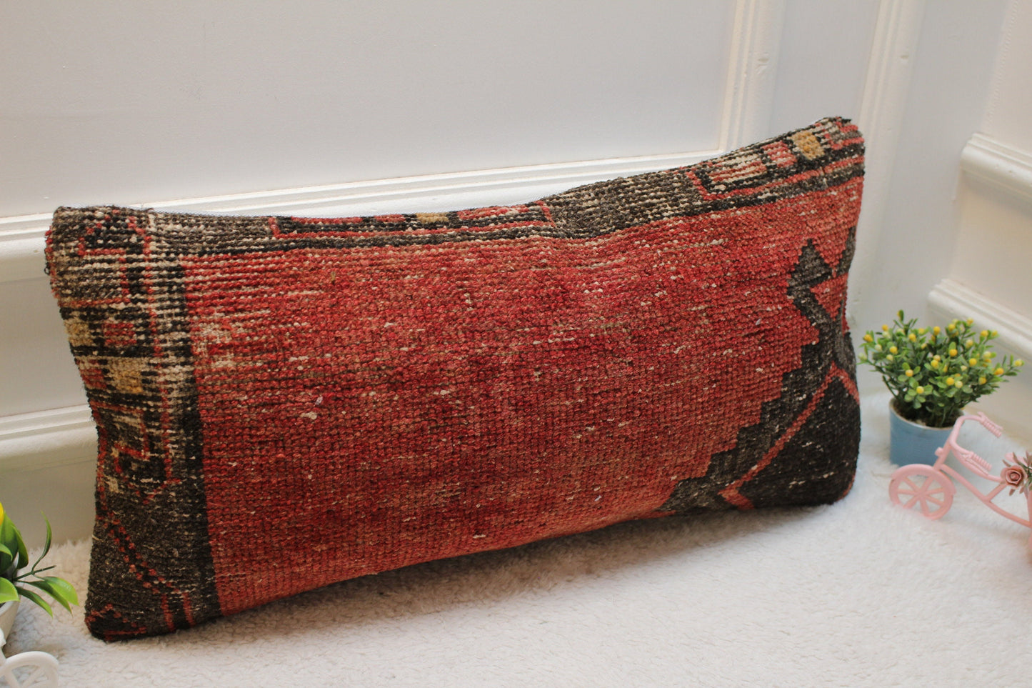 Red Wool Lumbar Pillow Cover: Turkish Rug, Boho Decor (12x24 in)