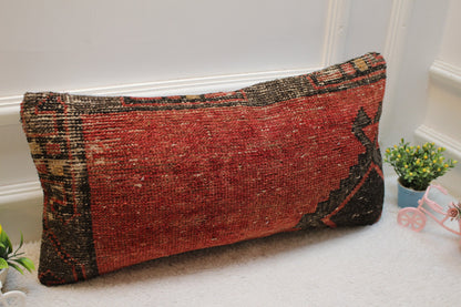 Red Wool Lumbar Pillow Cover: Turkish Rug, Boho Decor (12x24 in)
