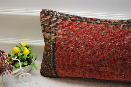 Red Wool Lumbar Pillow Cover: Turkish Rug, Boho Decor (12x24 in)