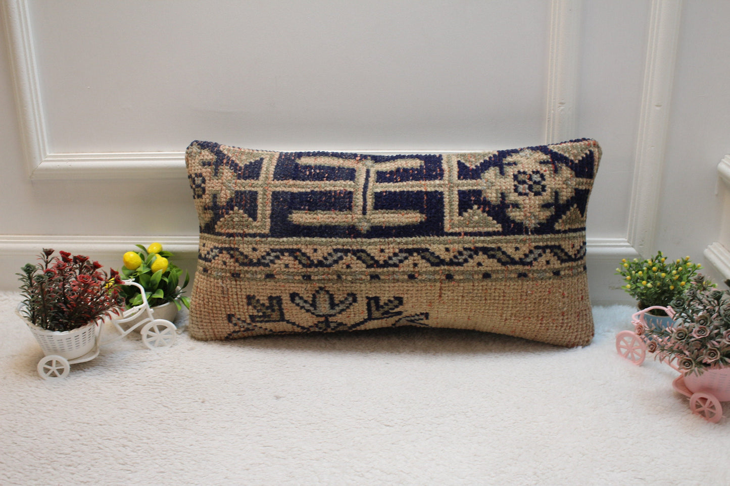 Handmade Turkish Rug Pillow Cover: Organic Wool Lumbar Cushion (12x24 inc)
