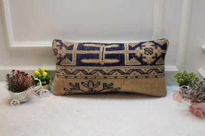 Handmade Turkish Rug Pillow Cover: Organic Wool Lumbar Cushion (12x24 inc)