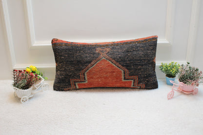 Vintage Turkish Rug Lumbar Pillow Cover: Black & Red, 12x24 inch