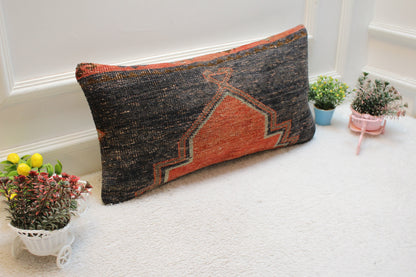 Vintage Turkish Rug Lumbar Pillow Cover: Black & Red, 12x24 inch