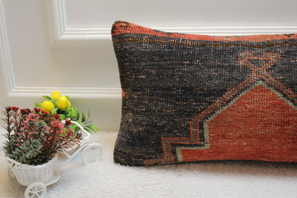 Vintage Turkish Rug Lumbar Pillow Cover: Black & Red, 12x24 inch