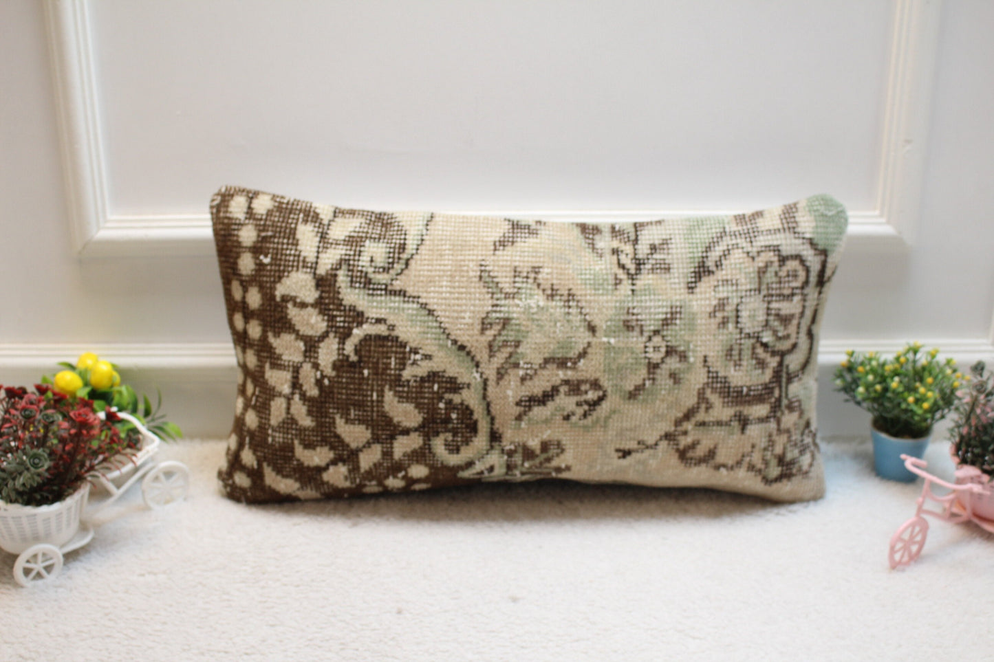 Vintage Turkish Rug Lumbar Pillow Cover: Brown Beige Anatolian Design (12x24 in)