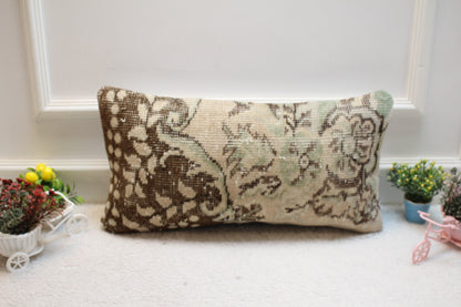 Vintage Turkish Rug Lumbar Pillow Cover: Brown Beige Anatolian Design (12x24 in)