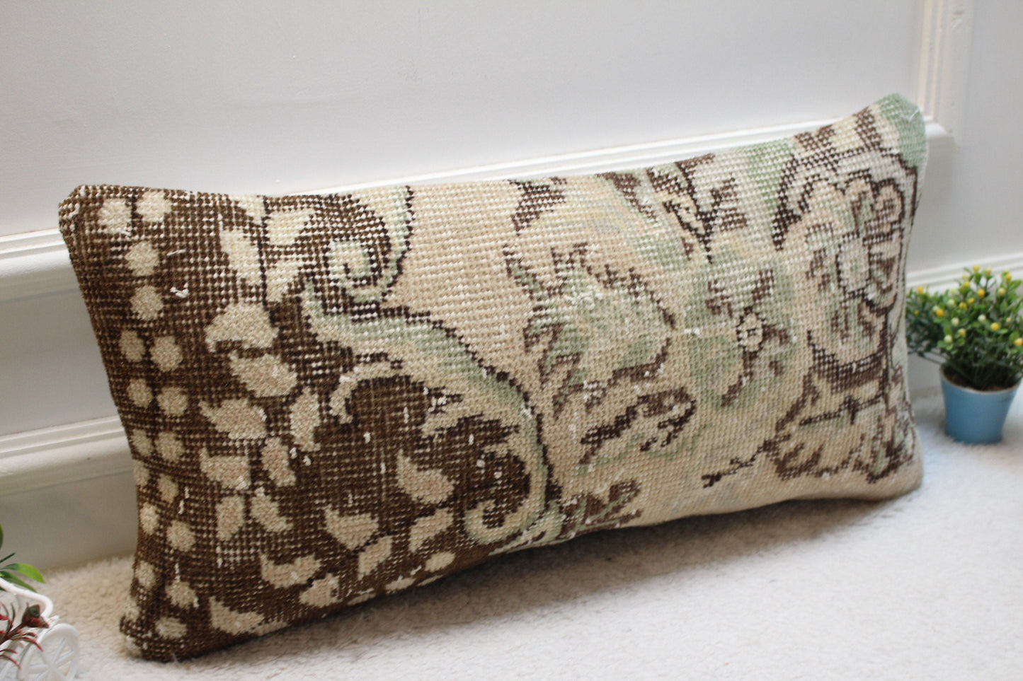 Vintage Turkish Rug Lumbar Pillow Cover: Brown Beige Anatolian Design (12x24 in)