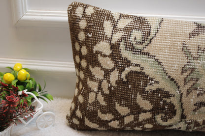 Vintage Turkish Rug Lumbar Pillow Cover: Brown Beige Anatolian Design (12x24 in)