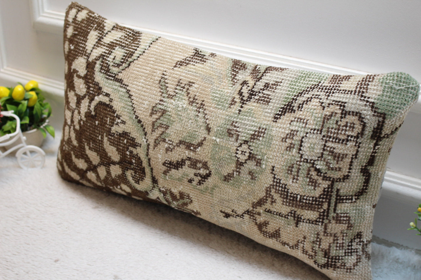 Vintage Turkish Rug Lumbar Pillow Cover: Brown Beige Anatolian Design (12x24 in)