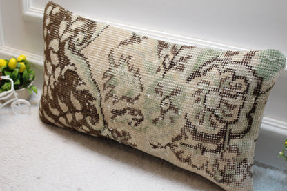Vintage Turkish Rug Lumbar Pillow Cover: Brown Beige Anatolian Design (12x24 in)
