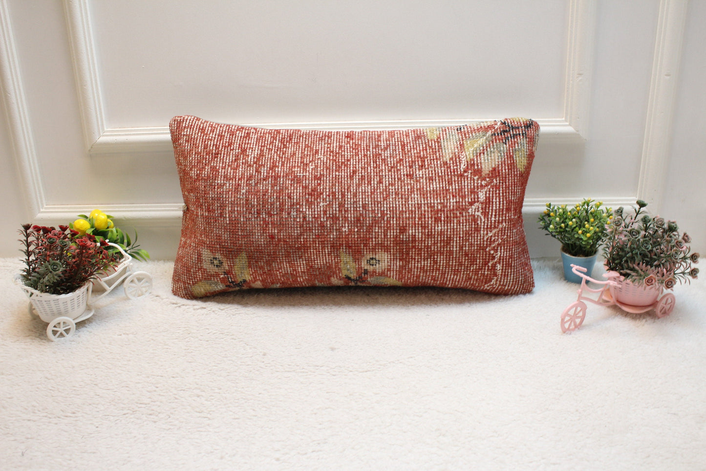 Red Vintage Turkish Rug Lumbar Pillow: 12x24 Organic Wool Pillow Cover