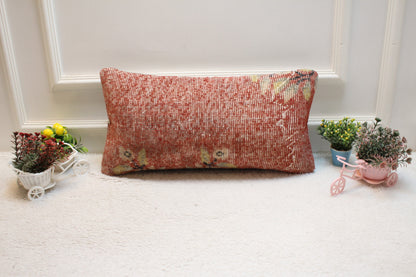 Red Vintage Turkish Rug Lumbar Pillow: 12x24 Organic Wool Pillow Cover