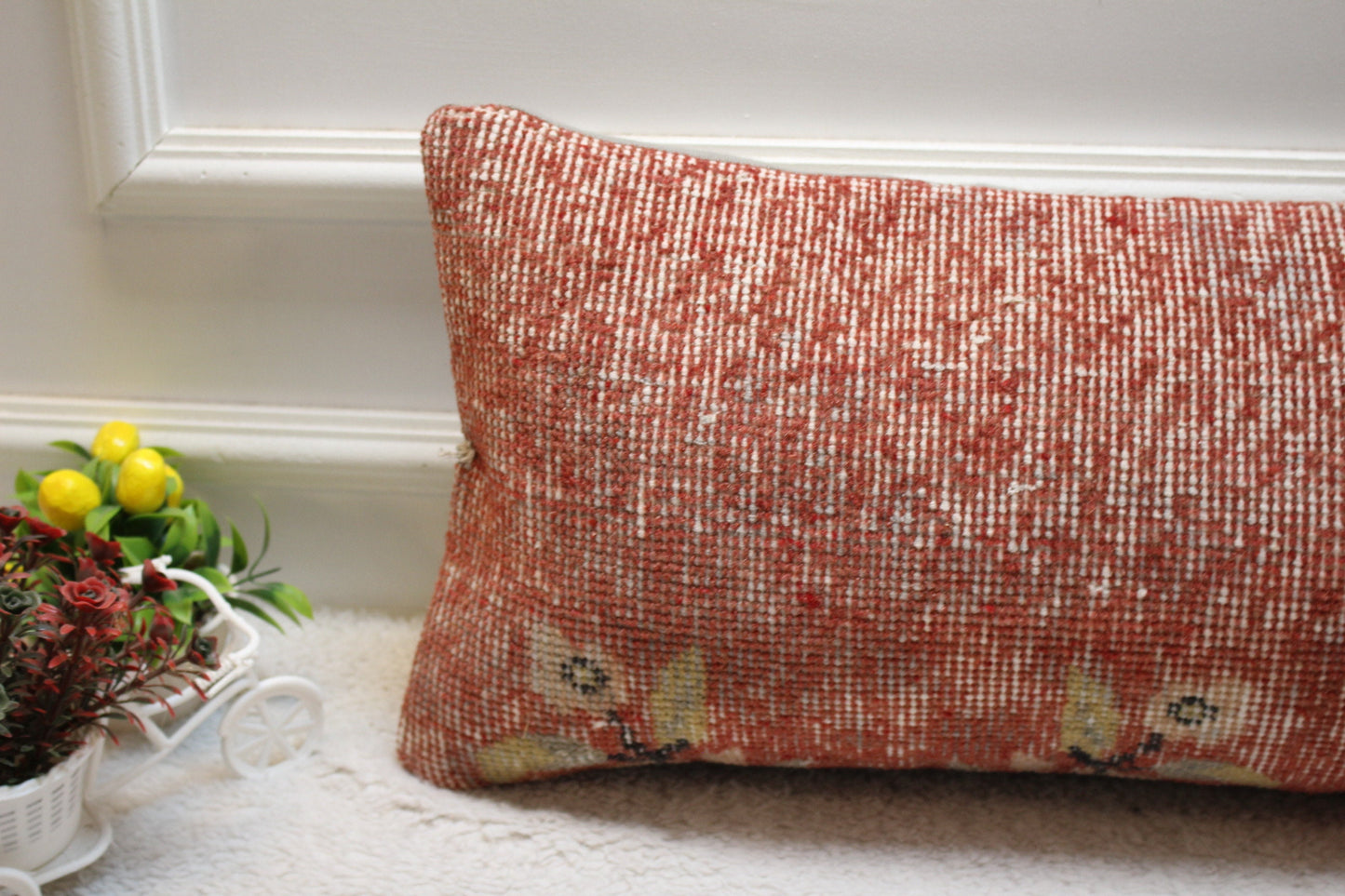 Red Vintage Turkish Rug Lumbar Pillow: 12x24 Organic Wool Pillow Cover