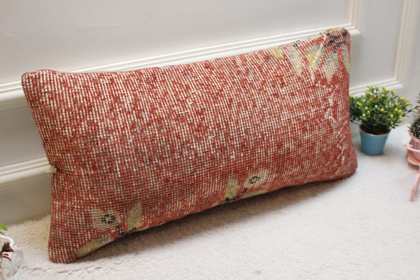 Red Vintage Turkish Rug Lumbar Pillow: 12x24 Organic Wool Pillow Cover