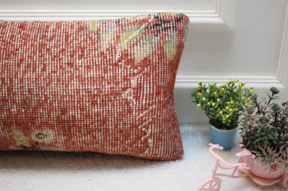 Red Vintage Turkish Rug Lumbar Pillow: 12x24 Organic Wool Pillow Cover
