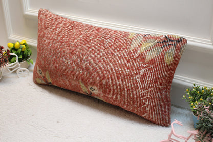 Red Vintage Turkish Rug Lumbar Pillow: 12x24 Organic Wool Pillow Cover