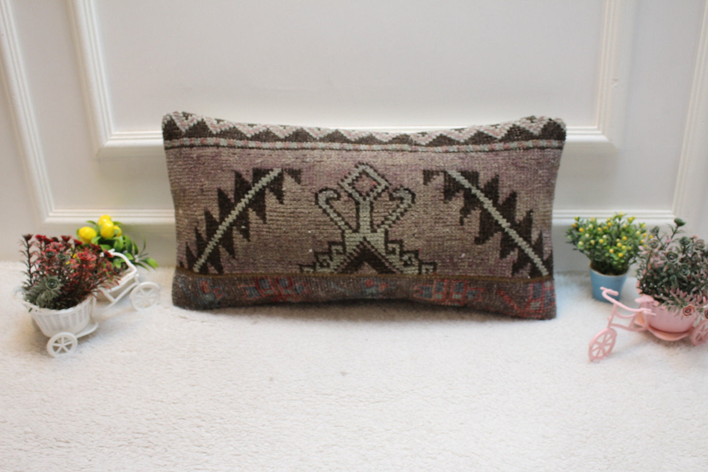 Vintage Turkish Rug Lumbar Pillow Cover: Brown Wool, 12x24 inch