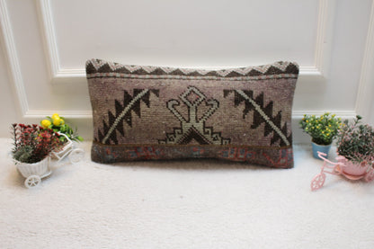 Vintage Turkish Rug Lumbar Pillow Cover: Brown Wool, 12x24 inch