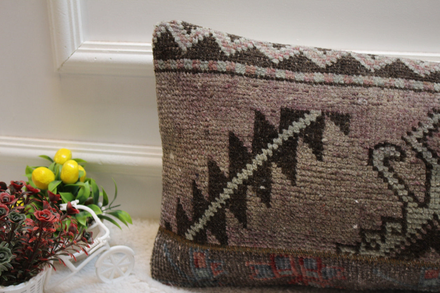 Vintage Turkish Rug Lumbar Pillow Cover: Brown Wool, 12x24 inch
