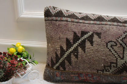 Vintage Turkish Rug Lumbar Pillow Cover: Brown Wool, 12x24 inch