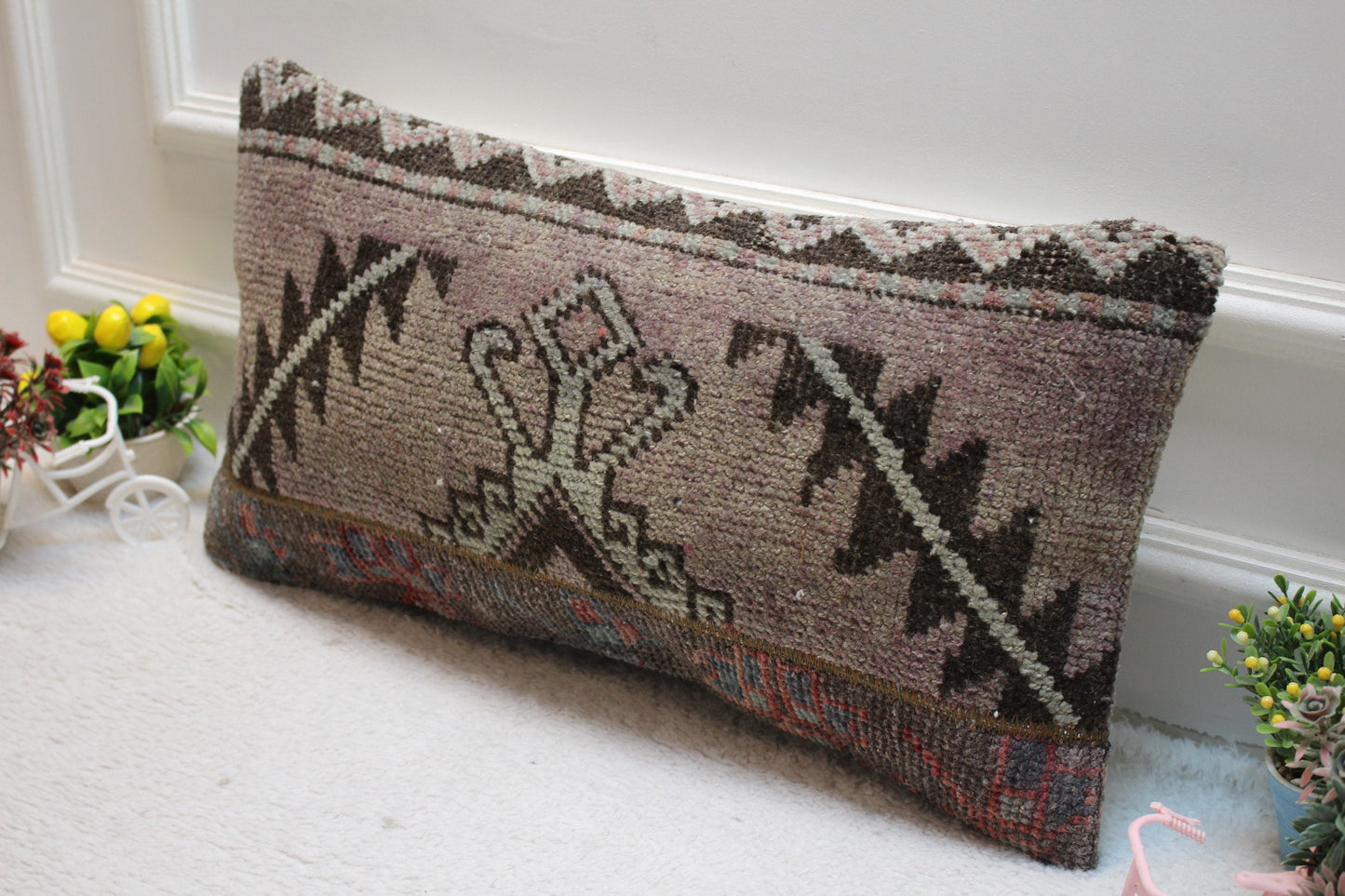 Vintage Turkish Rug Lumbar Pillow Cover: Brown Wool, 12x24 inch
