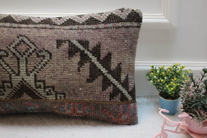 Vintage Turkish Rug Lumbar Pillow Cover: Brown Wool, 12x24 inch