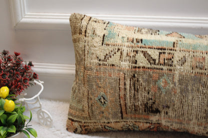 Vintage Turkish Rug Pillow: Brown Wool Lumbar Pillow Cover (12x24 in)