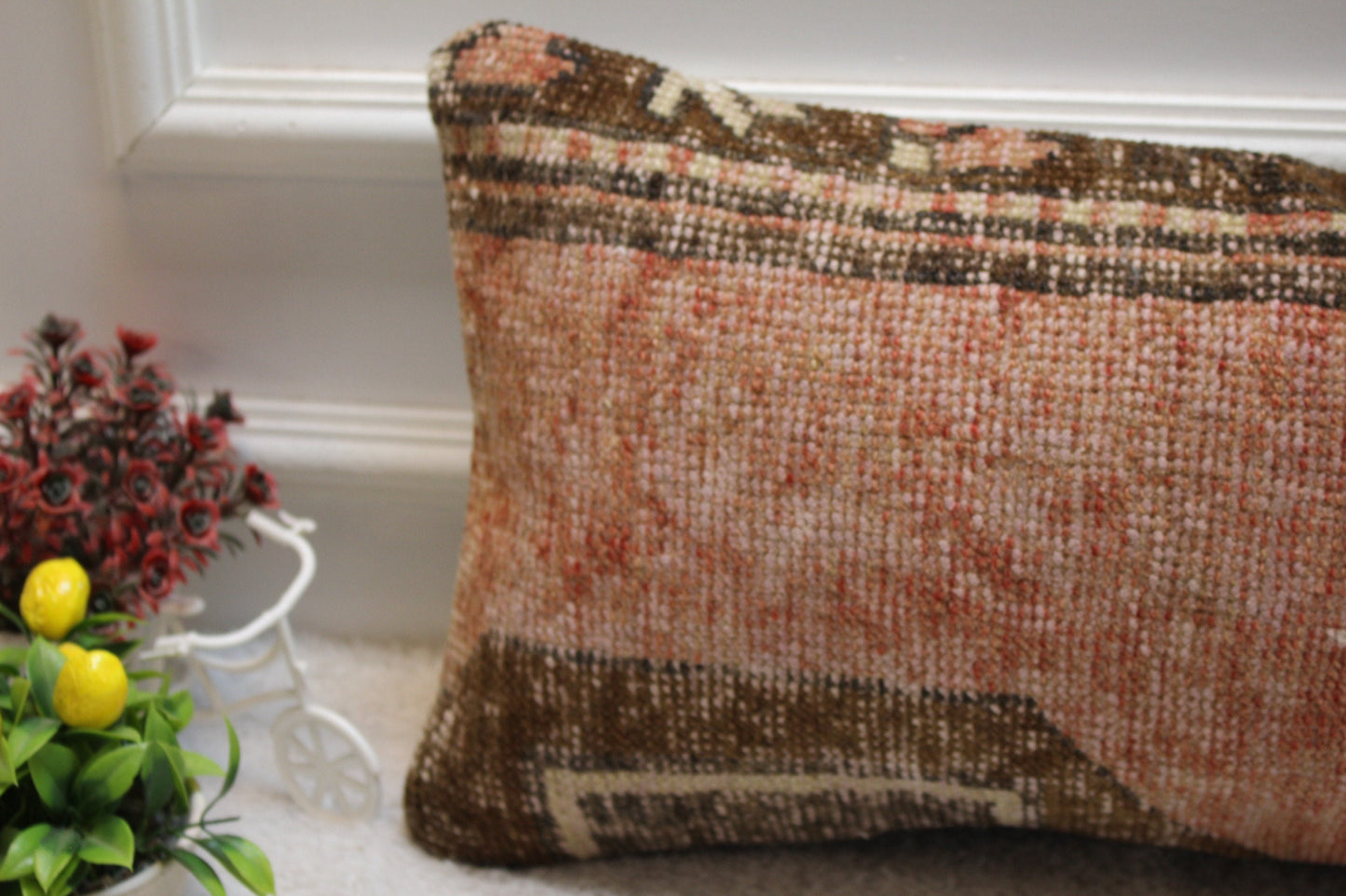 Red Turkish Rug Pillow: Vintage Woven Lumbar Cushion, 12x24 inch