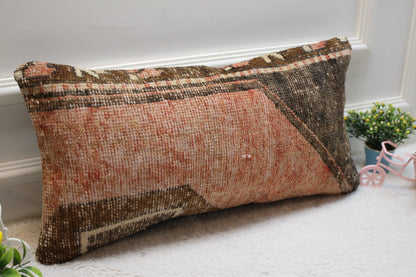 Red Turkish Rug Pillow: Vintage Woven Lumbar Cushion, 12x24 inch
