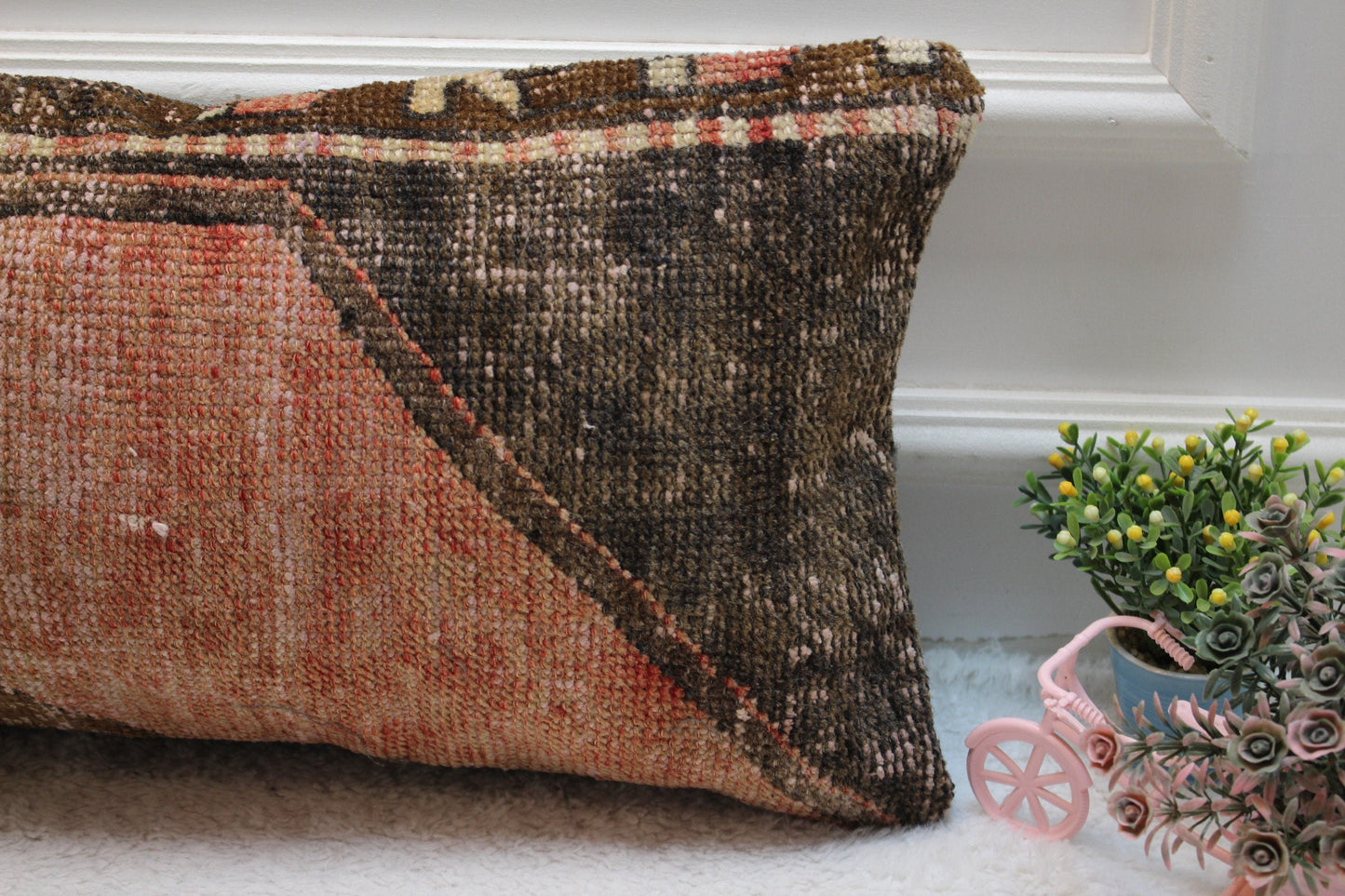 Red Turkish Rug Pillow: Vintage Woven Lumbar Cushion, 12x24 inch