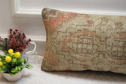 Handmade Turkish Rug Pillow Cover: Beige & Red Vintage Design (12x24 in)