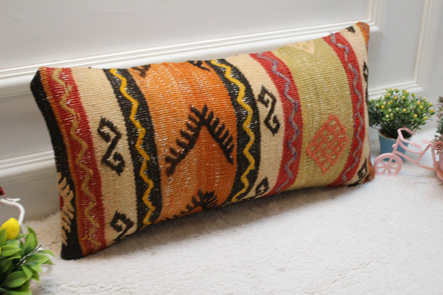 Ethnic Kilim Pillow Cover 12x24: Organic Wool, Boho Design