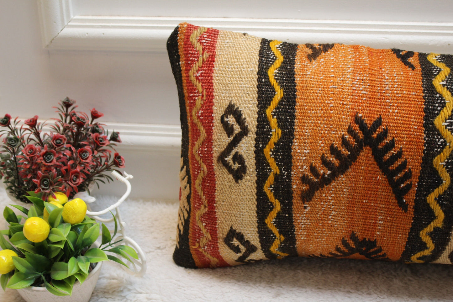 Ethnic Kilim Pillow Cover 12x24: Organic Wool, Boho Design