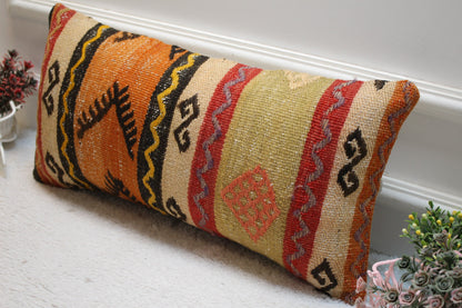 Ethnic Kilim Pillow Cover 12x24: Organic Wool, Boho Design