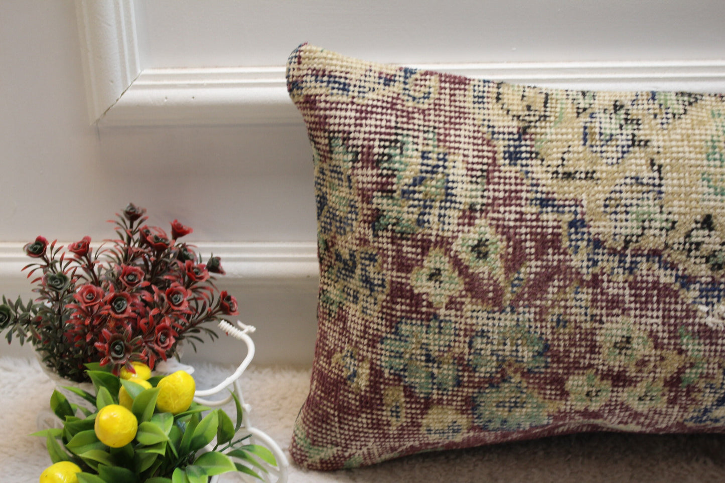 Floral Turkish Rug Pillow: Handmade Organic Wool Lumbar Cover (12x24 inch)