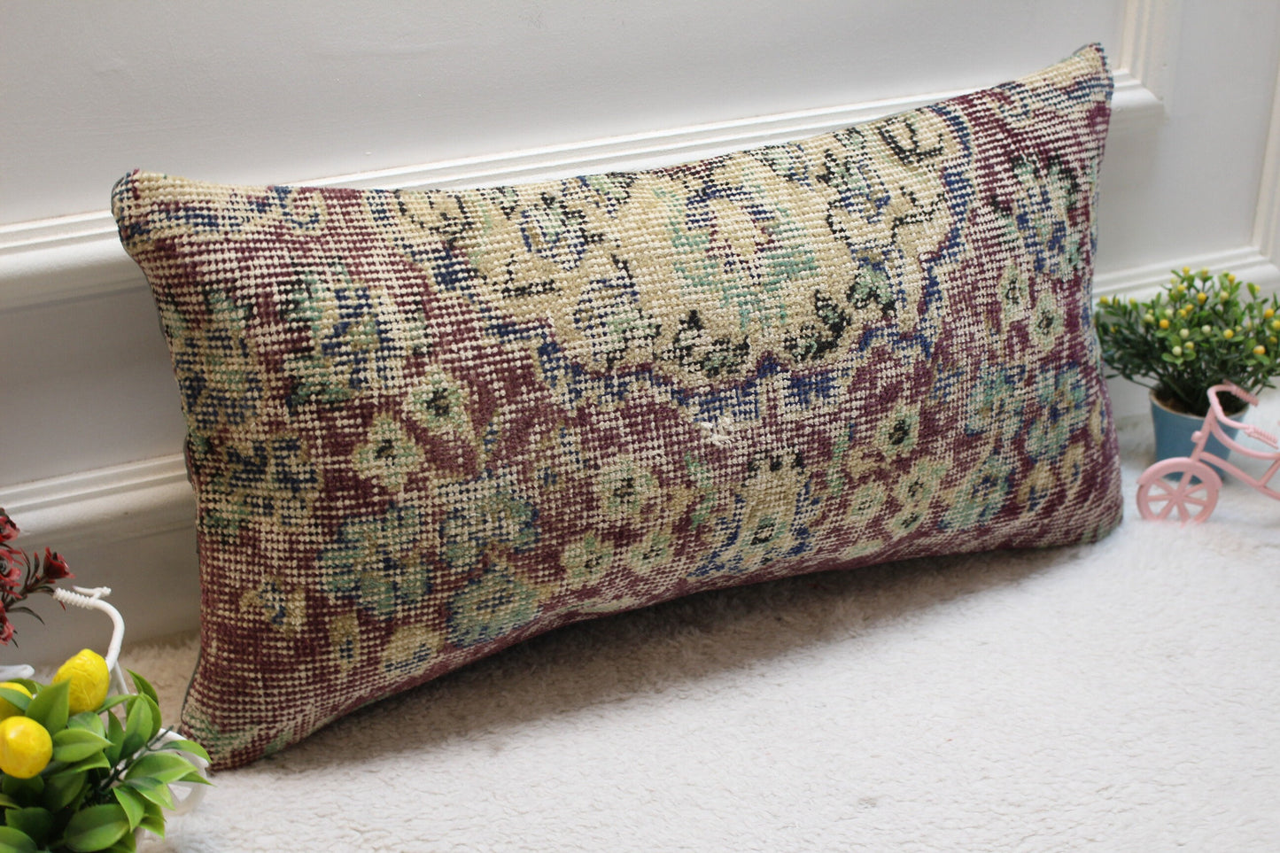 Floral Turkish Rug Pillow: Handmade Organic Wool Lumbar Cover (12x24 inch)